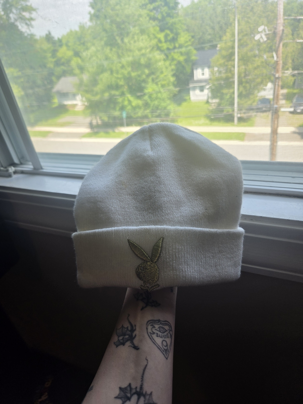 PLAYBOY White Knit Beanie with Gold Bunny Emblem